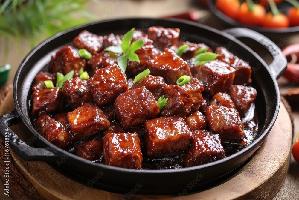 Savory dish of glazed meat cubes garnished with green onions served in a black skillet on a wooden surface Savory dish of glazed meat cubes garnished with green onions served in a black skillet on a wooden surface