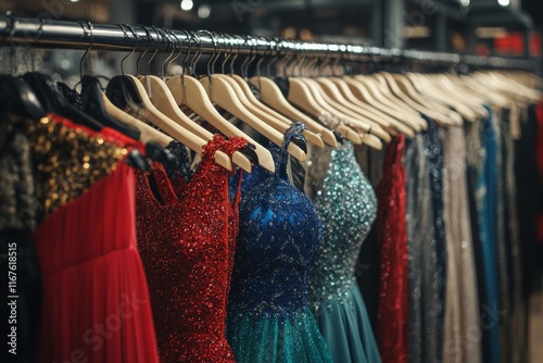 Elegant evening gowns displayed in a boutique near a city center