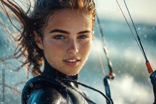 Kitesurfer woman wearing wetsuit is kitesurfing in the ocean