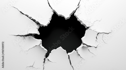 Dramatic Wall Hole with Black Background, Broken Concrete Surface with Radiating Cracks, Minimalist Structural Damage Photography