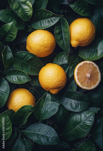 Fresh oranges and green leaves arranged on dark surface for a vibrant natural...