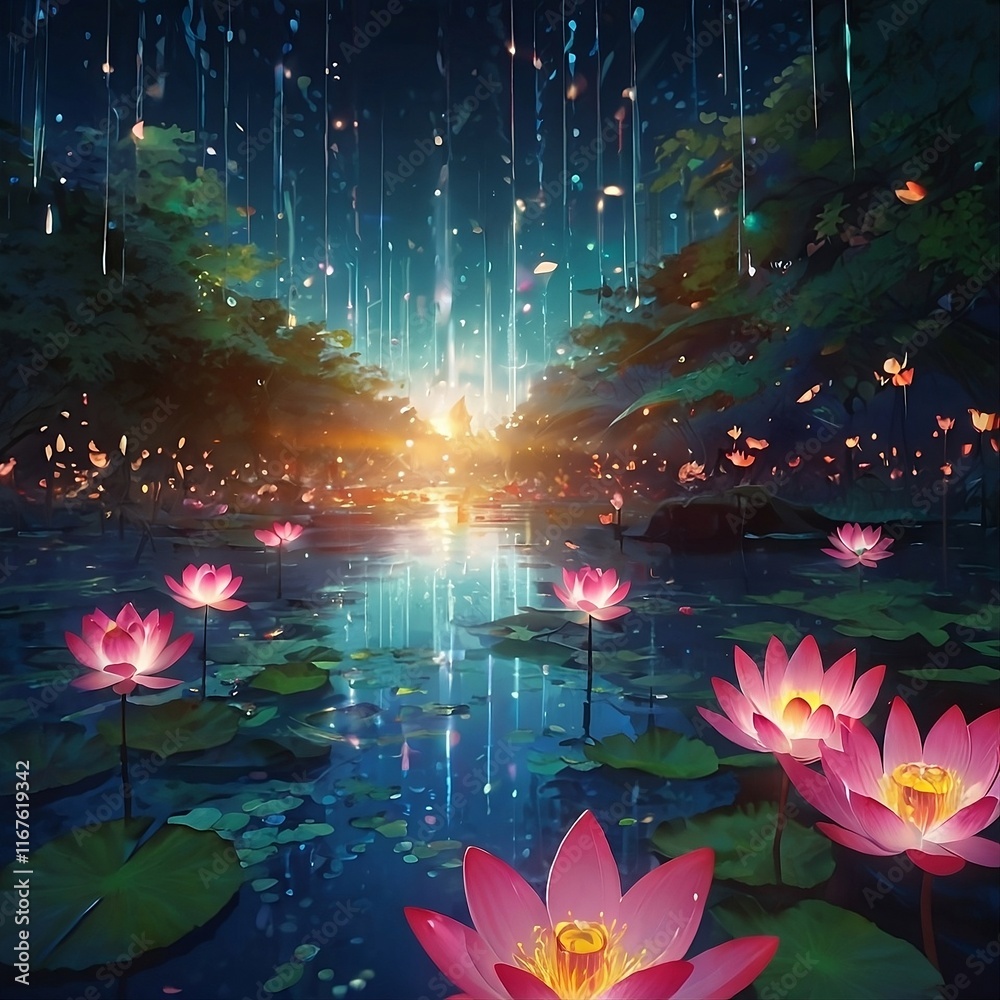 Obraz premium An ultra-anime scene blending Palekh aesthetics, intricate marble herbarium, glowing lotus, flying cranes, bioluminescence, and quantum effects, with glowing shadows, bokeh, and 8k detail.
