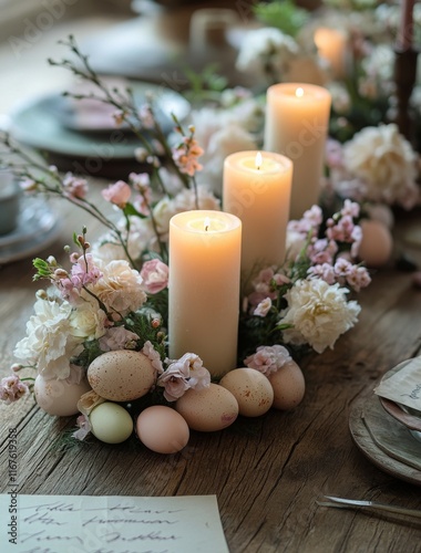 Elegant spring decoration with flowers, candles, and pastel eggs at a charmin...