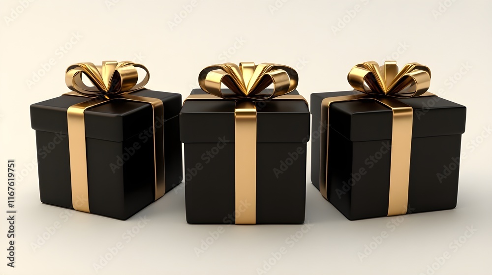 Obraz premium Black gift boxes, golden ribbons, elegant presents, shiny wrapping, festive occasion, luxury gifts, 3D rendering, matte finish, minimalist design, clean background, holiday celebration, special 