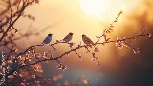 Three birds perched on a blossoming branch at sunset. photo