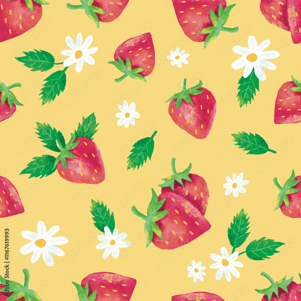 seamless pattern with strawberries, white flowers and green leaves