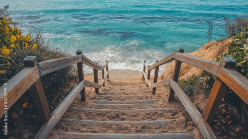 Stairs leading to a tranquil beach with gentle waves and sandy shore in the a...