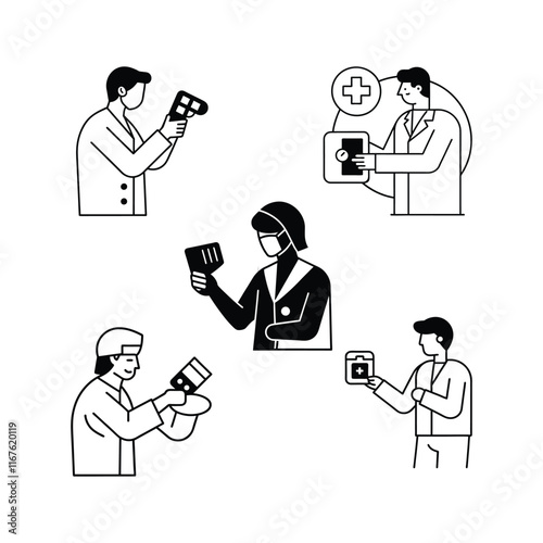 medical doctor checking lab report line art vector bundle