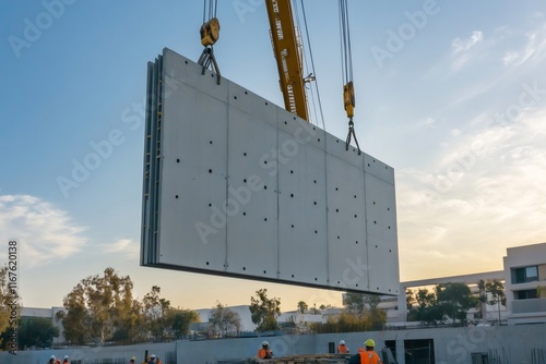 Crane lifting precast concrete wall panel at construction site