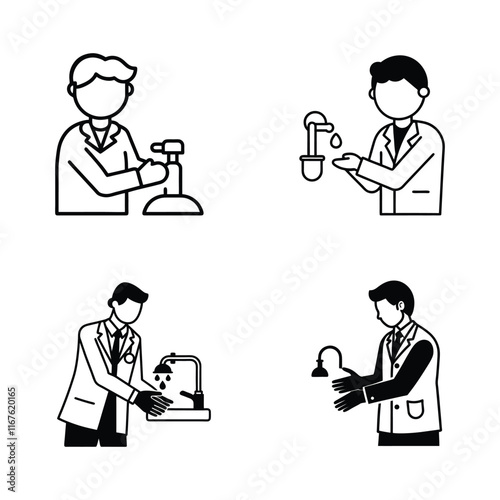 a uniformed doctor showing how to maintain hygienic process by washing hand properly line art vector