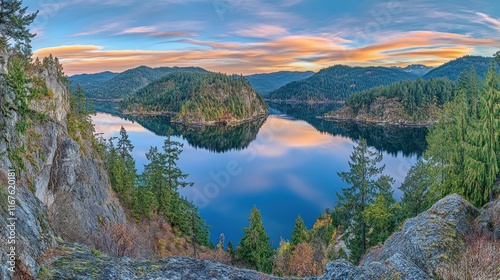 Majestic Sunset over Serene Lake and Mountains Panorama photo