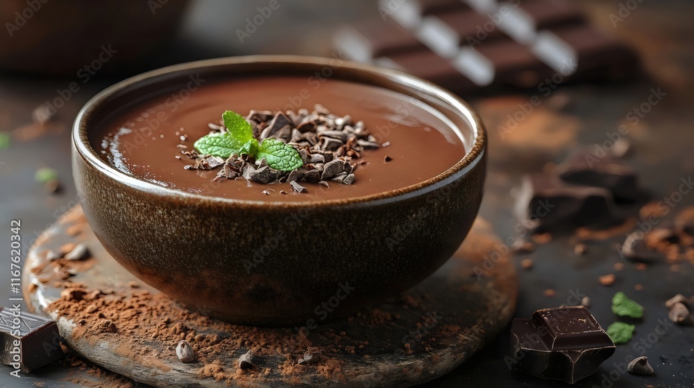 A bowl of chocolate pudding with green mint leaves on top A bowl of chocolate pudding with green mint leaves on top