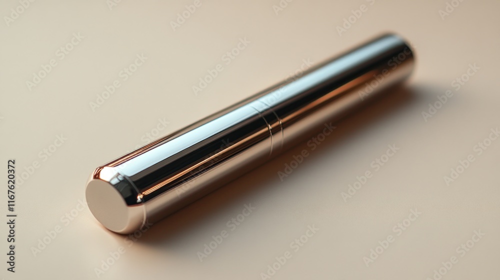 A sleek, metallic cylindrical object resting on a smooth surface.