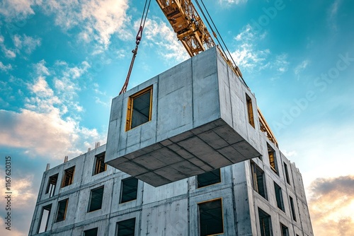 Crane lifting prefabricated concrete section for modern building construction