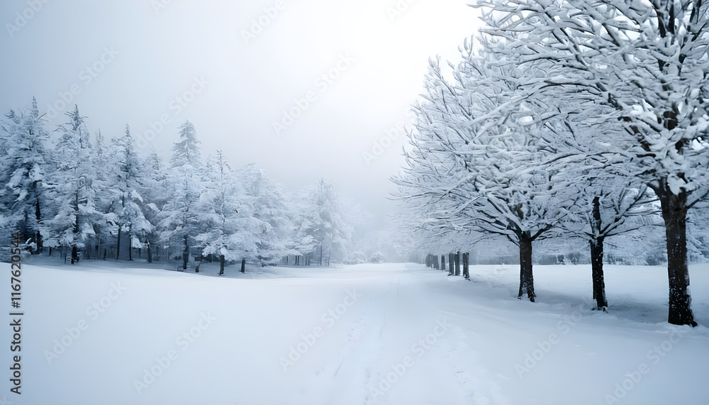 Snow covered path leading through trees into foggy forest Snow covered path leading through trees into foggy forest