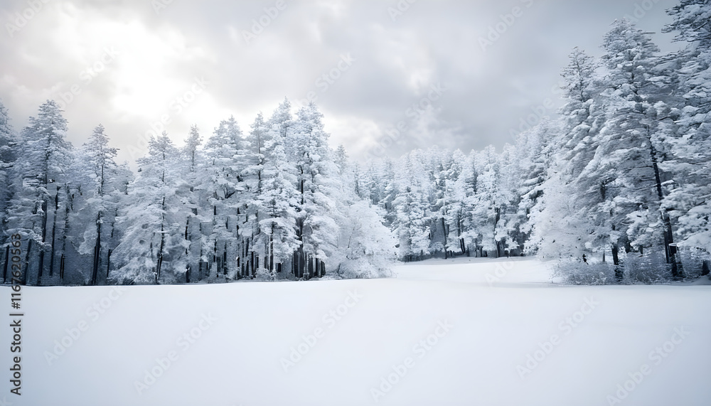 Obraz premium Snow covered forest landscape with dramatic sky in background