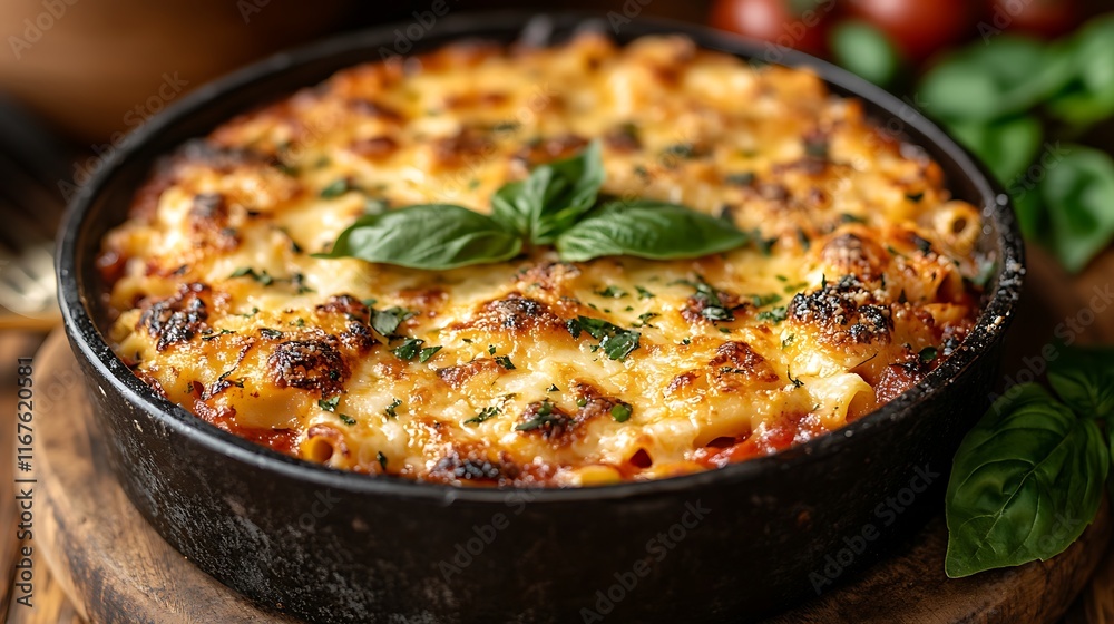 Baked Pasta Dish Topped With Melted Cheese And Basil Baked Pasta Dish Topped With Melted Cheese And Basil