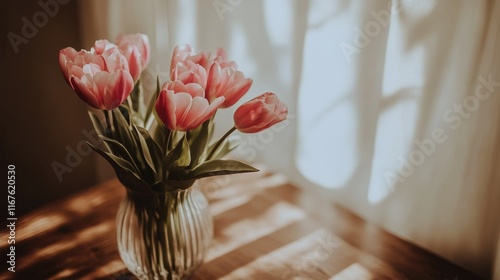 Vibrant bouquet of tulips in a glass vase near a sunny window