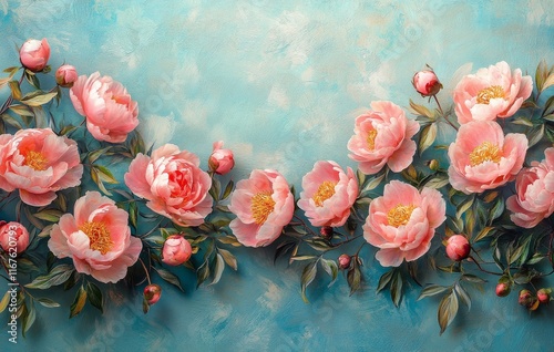 Blossoming peonies arranged on a blue background in a beautiful floral display