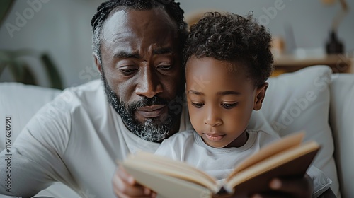 A 28-year-old father and his 7-year-old son sitting on a minimalist white couch, reading a book together, promoting a new childrenas book series, with a plain light gray background photo