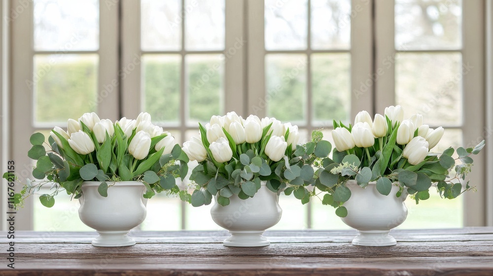 Beautiful white tulip arrangements on a wooden table in a bright room with large windows Beautiful white tulip arrangements on a wooden table in a bright room with large windows