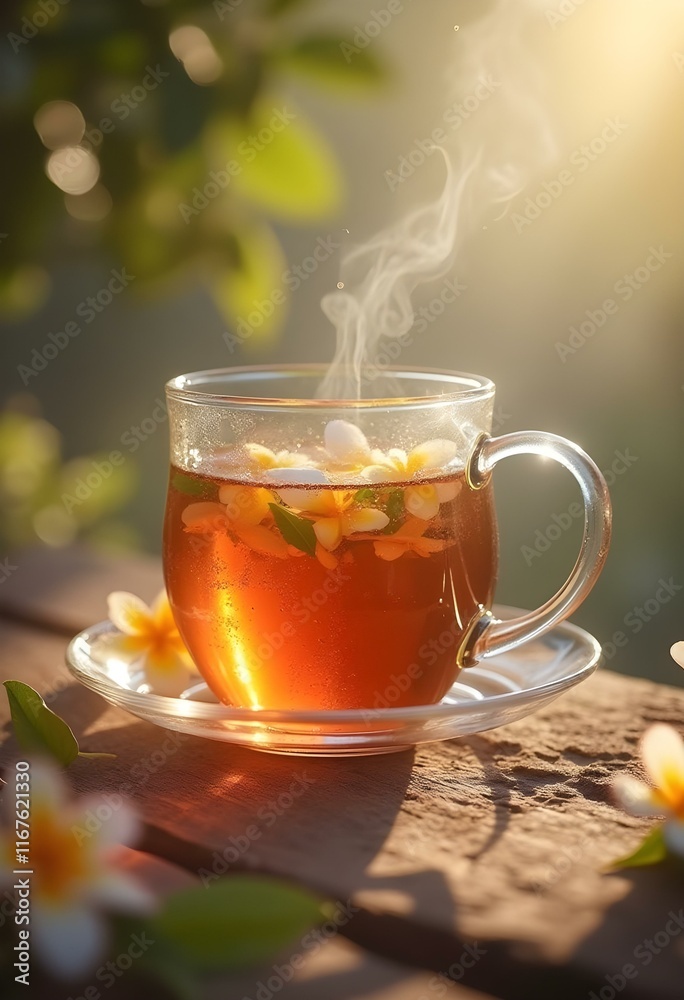 Steaming cup of herbal tea with jasmine flowers in sunlight. Aromatic hot drink on lace tablecloth. Relaxation and wellness concept for morning ritual or afternoon break Steaming cup of herbal tea with jasmine flowers in sunlight. Aromatic hot drink on lace tablecloth. Relaxation and wellness concept for morning ritual or afternoon break