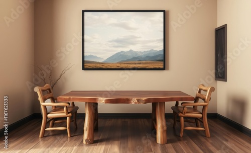 Minimalist dining room, wooden table, wooden chairs, large framed landscape painting, neutral tones, beige walls, natural light, calm atmosphere, interior design, modern rustic, Scandinavian influence photo