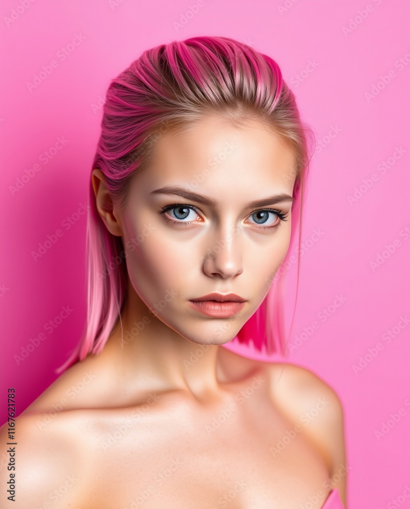 Naklejka premium Beauty Portrait of a Young Woman with Pink Hair Against a Soft Pink Background