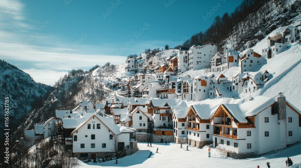 Fototapeta premium Winter sports enthusiasts enjoy skiing in a picturesque mountain village