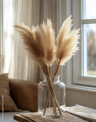 Dried pampas grass arrangement in a glass vase on a wooden table by the window