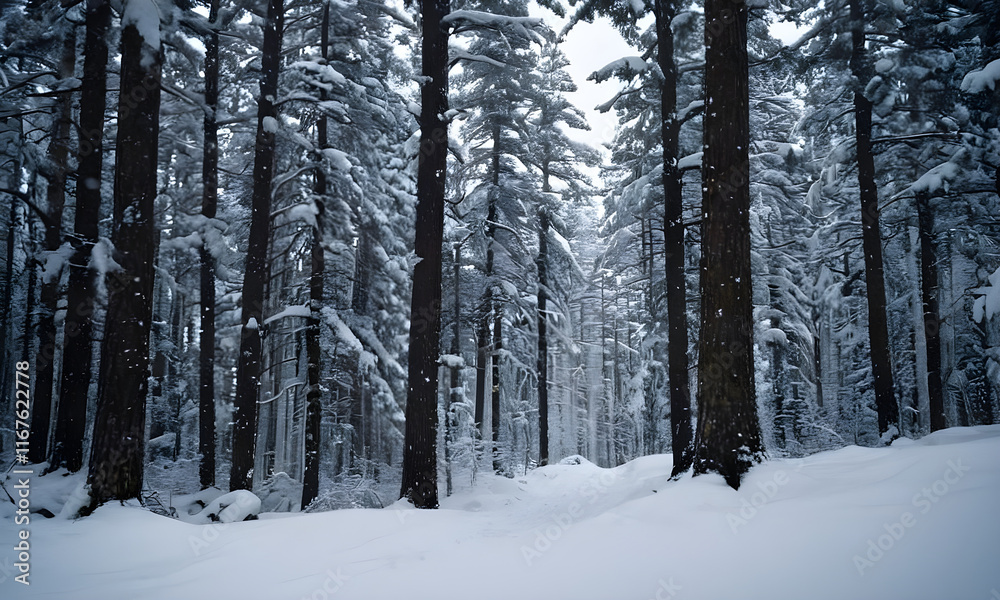 Fototapeta premium Snow falling in pine tree forest creating winter wonderland landscape