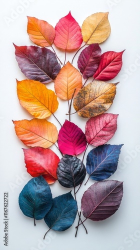 Colorful autumn leaves arranged in a decorative pattern on a white background
