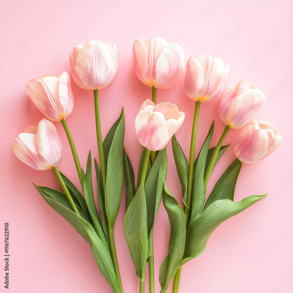 Romantic bouquet of pink tulips on pink background. Mock up for Valentine's Day, 8th of March, and spring promotions. Minimalist floral design ideal for cards, ads, holidays.Generative ai Romantic bouquet of pink tulips on pink background. Mock up for Valentine's Day, 8th of March, and spring promotions. Minimalist floral design ideal for cards, ads, holidays.Generative ai