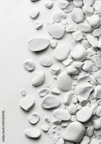 Smooth white stones arranged on a bright surface for minimalist aesthetic and...