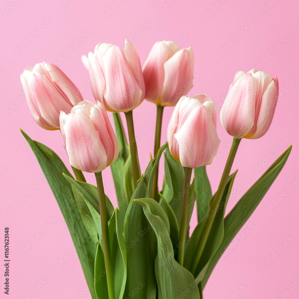 Elegant bouquet of pink tulips on a soft pastel pink background. Minimalistic floral composition for spring themes, romantic designs. Valentine's Day, 8th of March mockup. Generative ai Elegant bouquet of pink tulips on a soft pastel pink background. Minimalistic floral composition for spring themes, romantic designs. Valentine's Day, 8th of March mockup. Generative ai