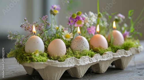 Decorated eggs on moss with flowers and candles for spring celebration
