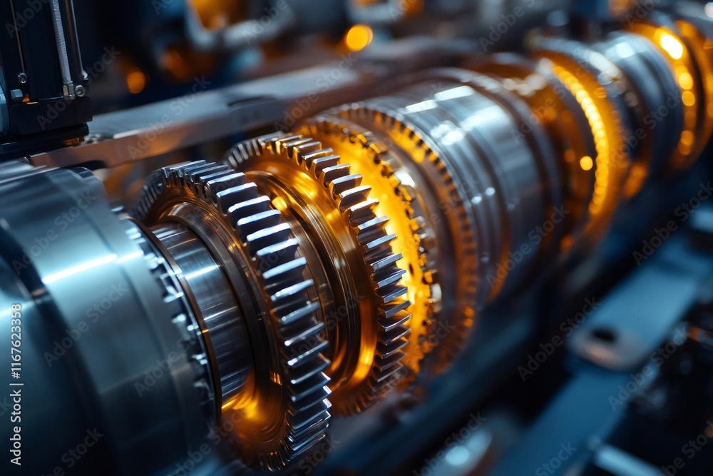 Close-up of gears rotating in industrial machinery, showing sophisticated engineering Close-up of gears rotating in industrial machinery, showing sophisticated engineering