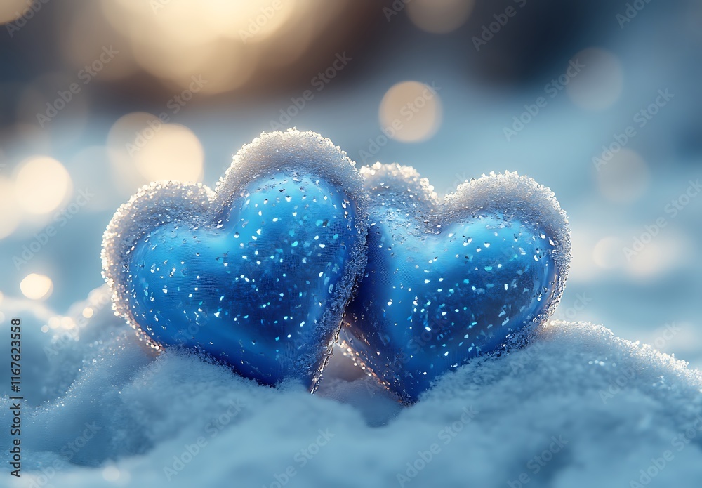 Fototapeta premium Two blue hearts in the snow 