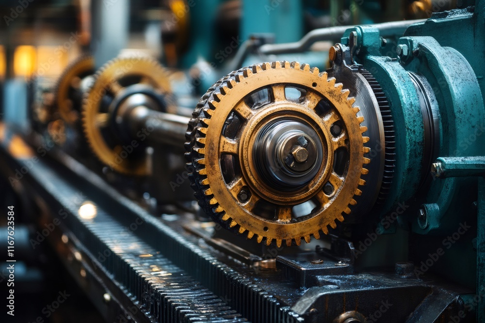 Gears rotating in industrial factory machinery close up Gears rotating in industrial factory machinery close up