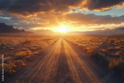Beautiful sunset with a winding road and a lone tree on a wooden slab in an o...
