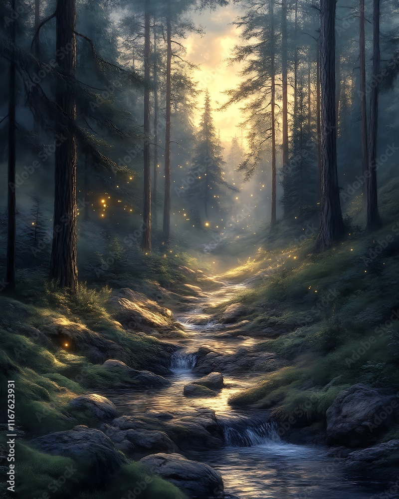 Obraz premium Sunlit forest stream with fireflies.