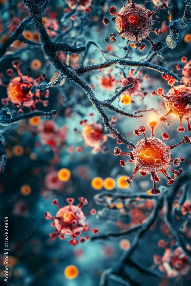 Microscopic pathogens clinging to dark branches. Microscopic pathogens clinging to dark branches.