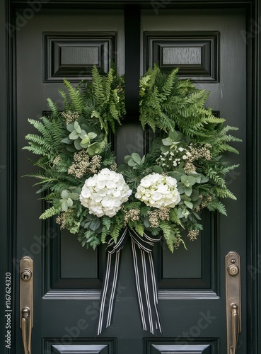 Elegant floral wreath adorns a black front door with greenery and white blooms