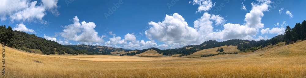 Panoramic shot of an expansive field with golden wheat, rolling hills, and forested distant hills, under a blue sky with white clouds
