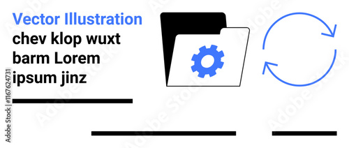 Black folder with blue gear icon, blue circular arrows, and placeholder text. Ideal for websites, presentations, apps, infographics, marketing materials, tech documents, educational content. Landing