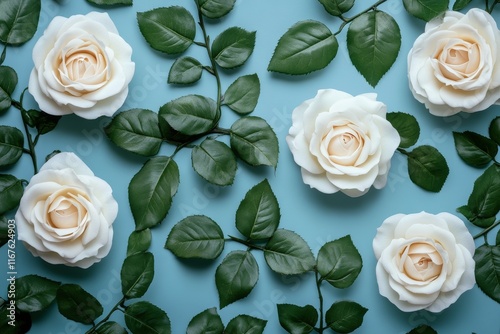 Elegant arrangement of white roses and green leaves on a soft blue background