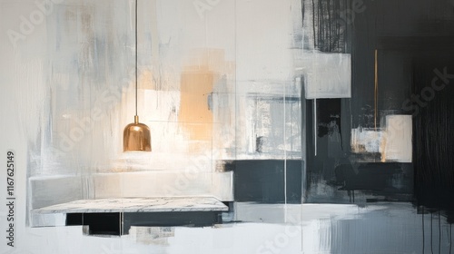 Modern minimalist interior design with artful lighting and abstract elements ...