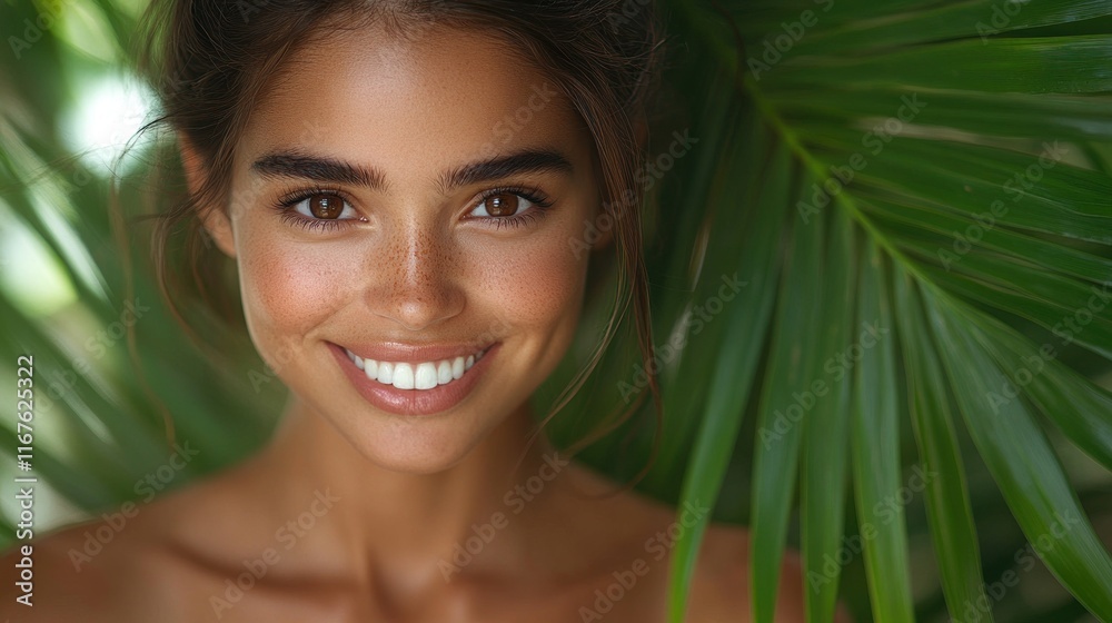 A smiling woman poses amidst lush green foliage, radiating warmth and positivity. A smiling woman poses amidst lush green foliage, radiating warmth and positivity.