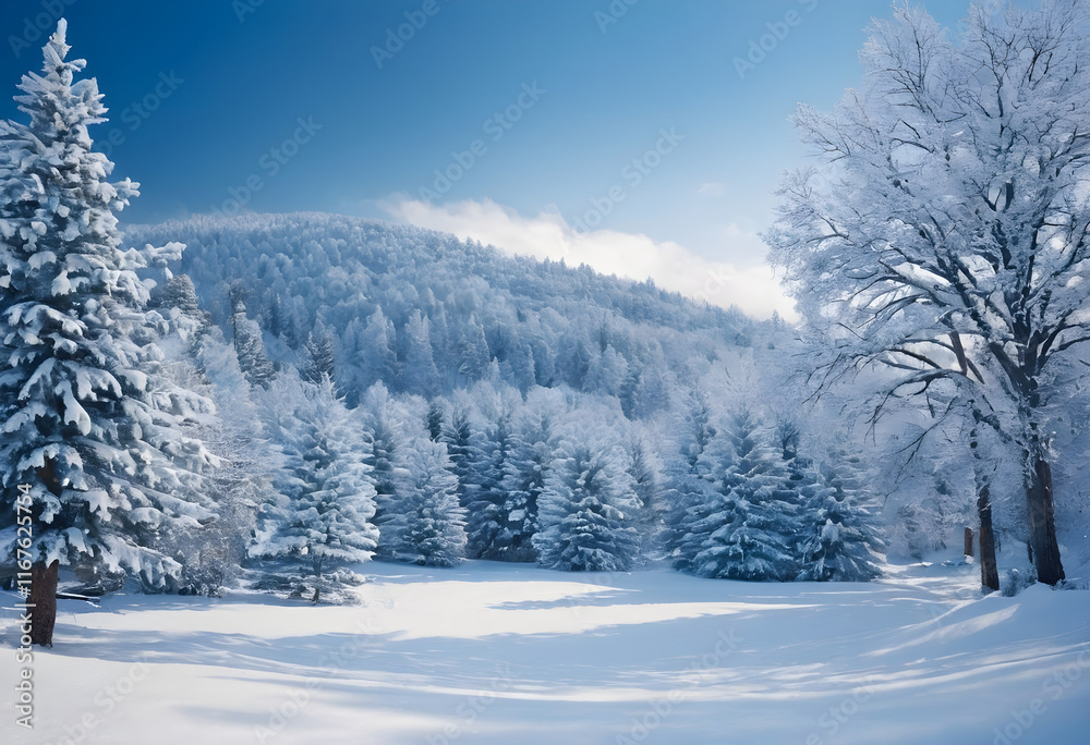 Sun shining on snow covered trees in forest landscape