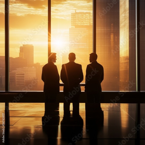 Business professionals enjoying a sunset view from a high-rise office